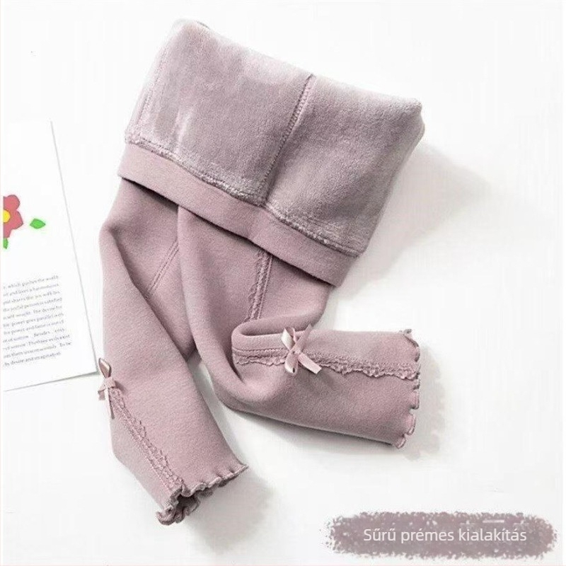 Lányoknak készült fleece-béléses leggings, téli viselet, elasztikus középmagas derekú, poliészter‑keverék anyag, 3–8 éveseknek