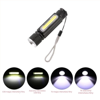 LED zseblámpa teleszkópos fókuszálással és mágnessel, USB töltésű, alumíniumötvözet test, beépített 18650-es elem, 5W, hatótáv akár 500 m