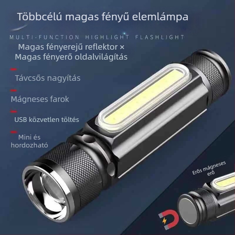 LED zseblámpa teleszkópos fókuszálással és mágnessel, USB töltésű, alumíniumötvözet test, beépített 18650-es elem, 5W, hatótáv akár 500 m