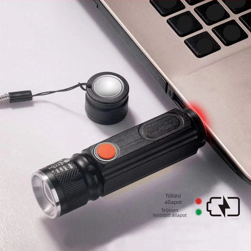 LED zseblámpa teleszkópos fókuszálással és mágnessel, USB töltésű, alumíniumötvözet test, beépített 18650-es elem, 5W, hatótáv akár 500 m