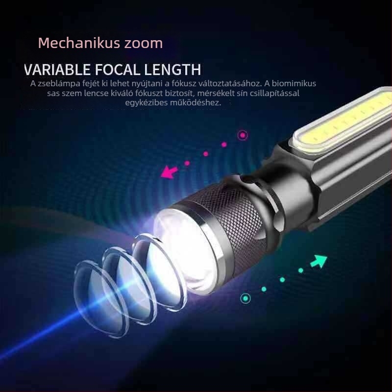 LED zseblámpa teleszkópos fókuszálással és mágnessel, USB töltésű, alumíniumötvözet test, beépített 18650-es elem, 5W, hatótáv akár 500 m