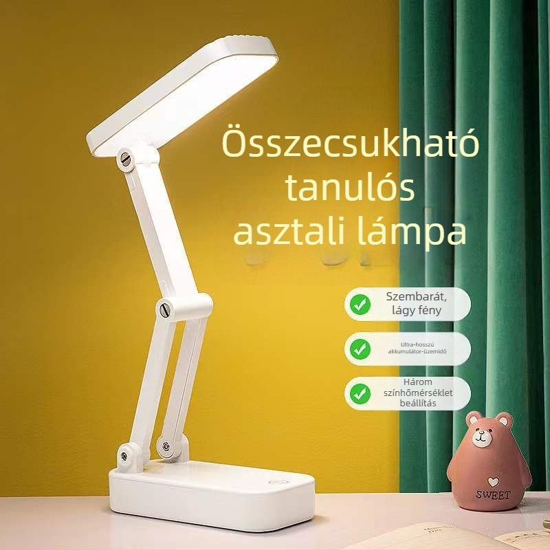Összecsukható hordozható LED szemvédő asztali lámpa érintéses kapcsolóval, beépített újratölthető akkumulátorral, kettős használatú tápellátás