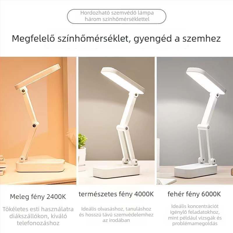 Összecsukható hordozható LED szemvédő asztali lámpa érintéses kapcsolóval, beépített újratölthető akkumulátorral, kettős használatú tápellátás