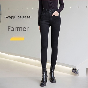 2026-os új magas derekú, plusz méretű női farmer fleece béléssel, vastított, rugalmas, szűk fazonú ceruza farmer