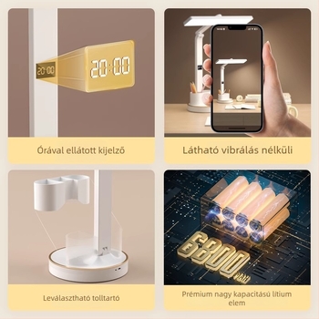 LED asztali lámpa tanuláshoz, villogásmentes szemvédő, összecsukható dizájn, tolltartóval, beépített újratölthető akkumulátor és csatlakoztatási lehetőség, érintéses kapcsoló