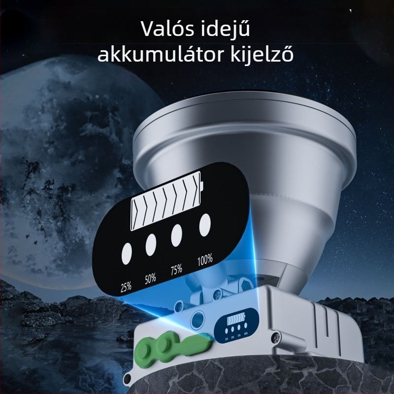 LED kültéri fejlámpa, alumínium ötvözet test, akkumulátoros működés, akkumulátor kapacitás 6000, teljesítmény 100, LED fényforrás, hatótávolság 200–500 m
