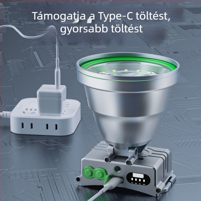 LED kültéri fejlámpa, alumínium ötvözet test, akkumulátoros működés, akkumulátor kapacitás 6000, teljesítmény 100, LED fényforrás, hatótávolság 200–500 m