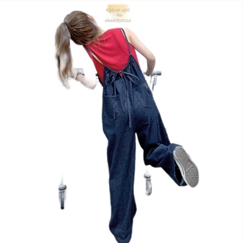 Szabadon szabott denim pántos overál, koreai–hongkongi stílus, magas derék, egyenes, széles lábú női