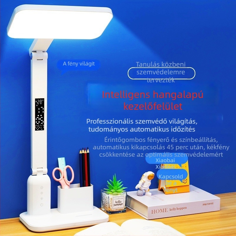 Összecsukható szemvédő tanulóasztali lámpa, hangvezérlés, intelligens USB-ellátás, műanyag árnyékoló, éjszakai fény és tanulási fény