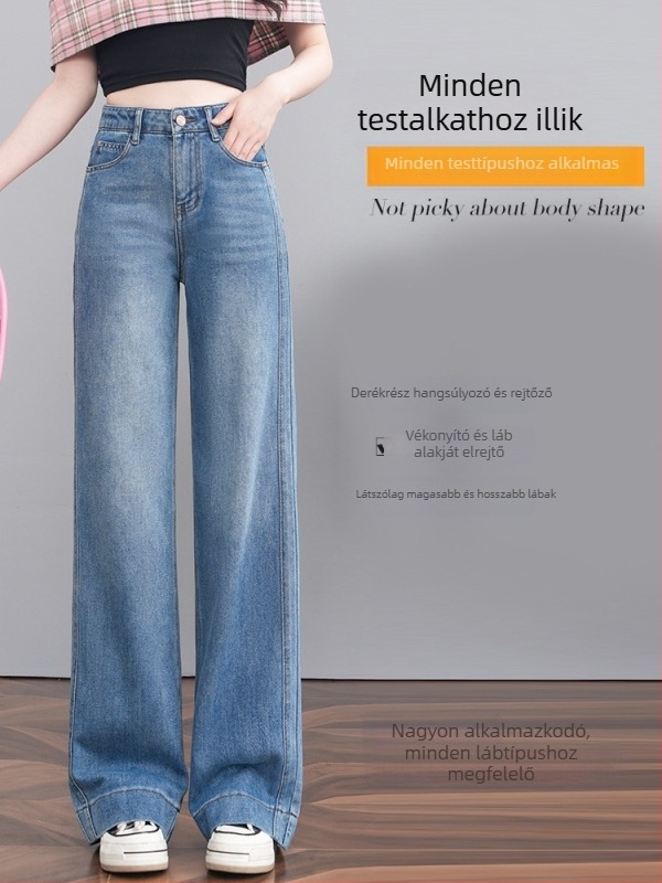 Denim nadrág: magas derék, széles láb, egyenes szabás, pamut 70–80%, Spandex <30%