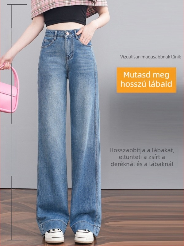 Denim nadrág: magas derék, széles láb, egyenes szabás, pamut 70–80%, Spandex <30%