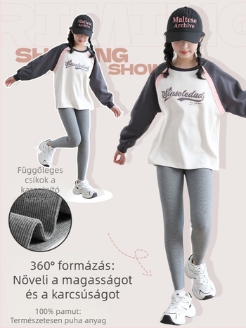 Lányoknak pamutból készült magas derekú, rugalmas nadrág tavasz–őszre, vékony anyagú, mindennapi viselet 140 cm feletti magasság esetén