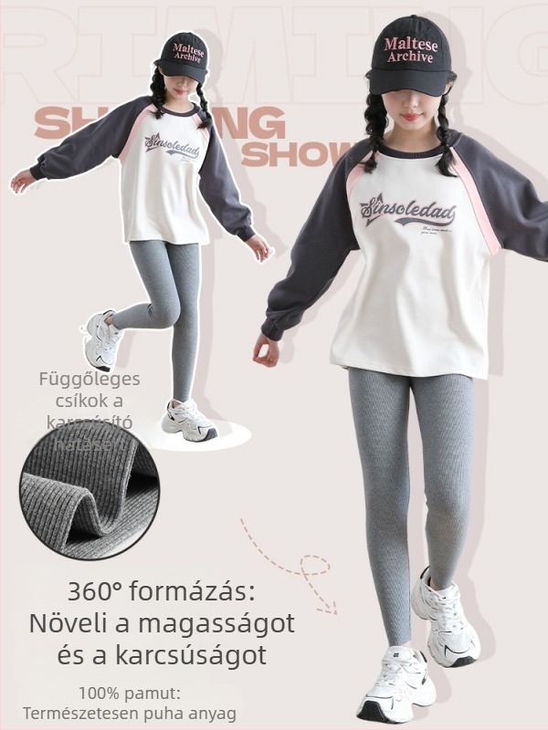 Lányoknak pamutból készült magas derekú, rugalmas nadrág tavasz–őszre, vékony anyagú, mindennapi viselet 140 cm feletti magasság esetén