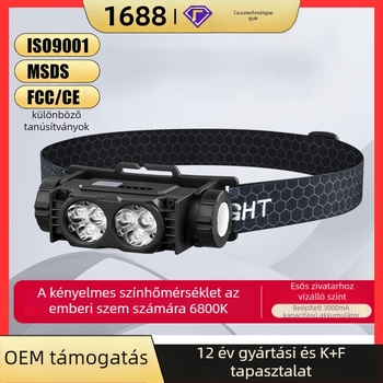 Mágneses rögzítésű fejre szerelhető lámpa kempinghez és éjszakai horgászathoz, LED fényforrás, beépített 1200 mAh akkumulátor, teljesítmény 10 W, megvilágítás 100–200 m, vízálló