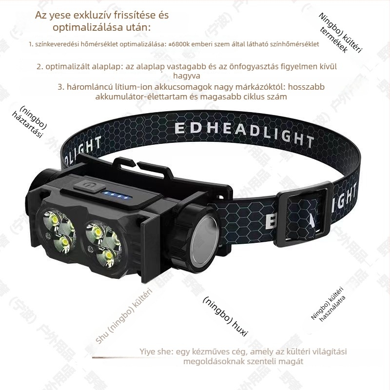 Mágneses rögzítésű fejre szerelhető lámpa kempinghez és éjszakai horgászathoz, LED fényforrás, beépített 1200 mAh akkumulátor, teljesítmény 10 W, megvilágítás 100–200 m, vízálló