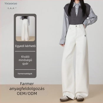 Hímzett farmernadrág, magas derék, egyenes szár, fleece-sel bélelt, utcai stílus