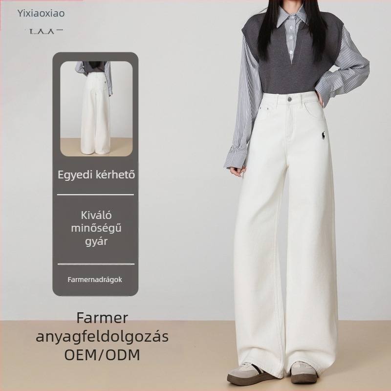 Hímzett farmernadrág, magas derék, egyenes szár, fleece-sel bélelt, utcai stílus