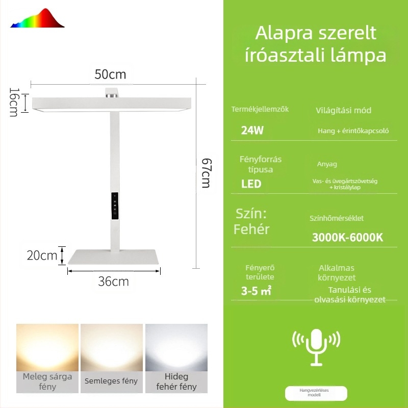 Gyerekeknek/diákoknak szánt asztali lámpa klipsz-duális használattal, teljes spektrumú szemvédő, intelligens érintéses kapcsoló, 24V-os tápegység, magas CRI 95+