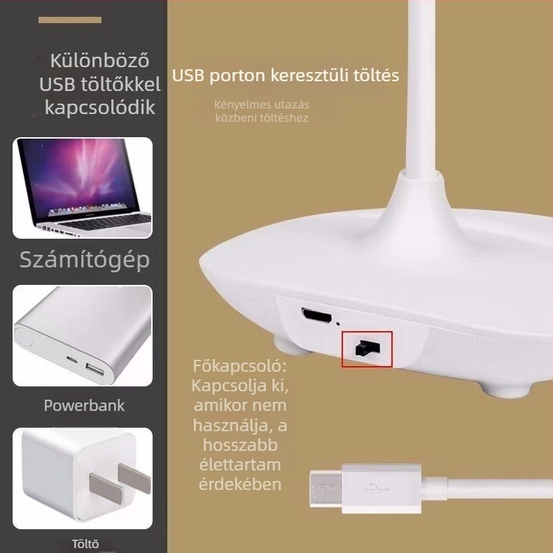Töltővel ellátott, dimmelhető asztali lámpa éjjeli fény és tanulási világítással — CRI ≥90, érintéses kapcsoló, 5V, konnektoros táplálás