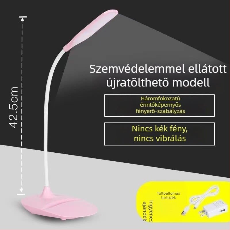 Töltővel ellátott, dimmelhető asztali lámpa éjjeli fény és tanulási világítással — CRI ≥90, érintéses kapcsoló, 5V, konnektoros táplálás