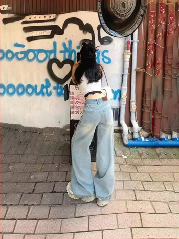 Női alacsony derekú, széles szárú farmernadrág, mosott pamut denim, utcai stílus