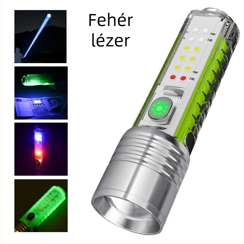 Kulcstartó zseblámpa lézerrel, UV bankjegydetektor és fluoreszcens munkalámpa; ABS anyag; 20W; 1500 mAh; töltés.