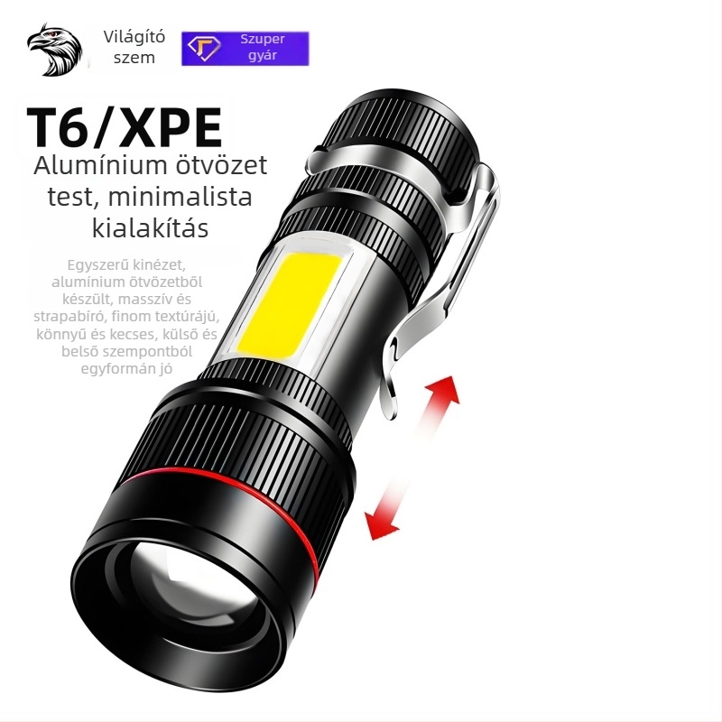 USB újratölthető mini zseblámpa alumíniumötvözetes testtel, 1200 mAh akkumulátor, LED világítás, többfunkciós power bank