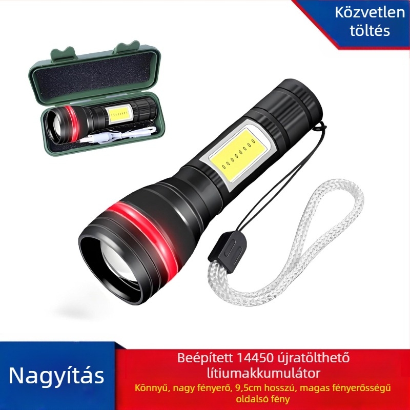 USB újratölthető mini zseblámpa alumíniumötvözetes testtel, 1200 mAh akkumulátor, LED világítás, többfunkciós power bank