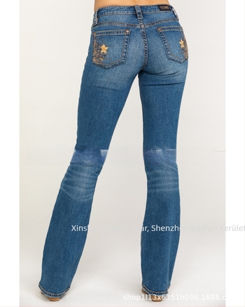 Női hímzett slim farmernadrág, középmagas derékkal, pamut denimmel, 80–90% pamut