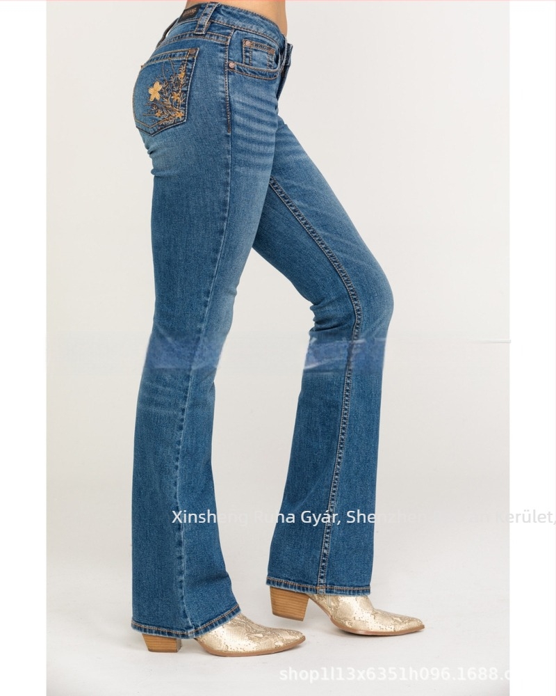Női hímzett slim farmernadrág, középmagas derékkal, pamut denimmel, 80–90% pamut