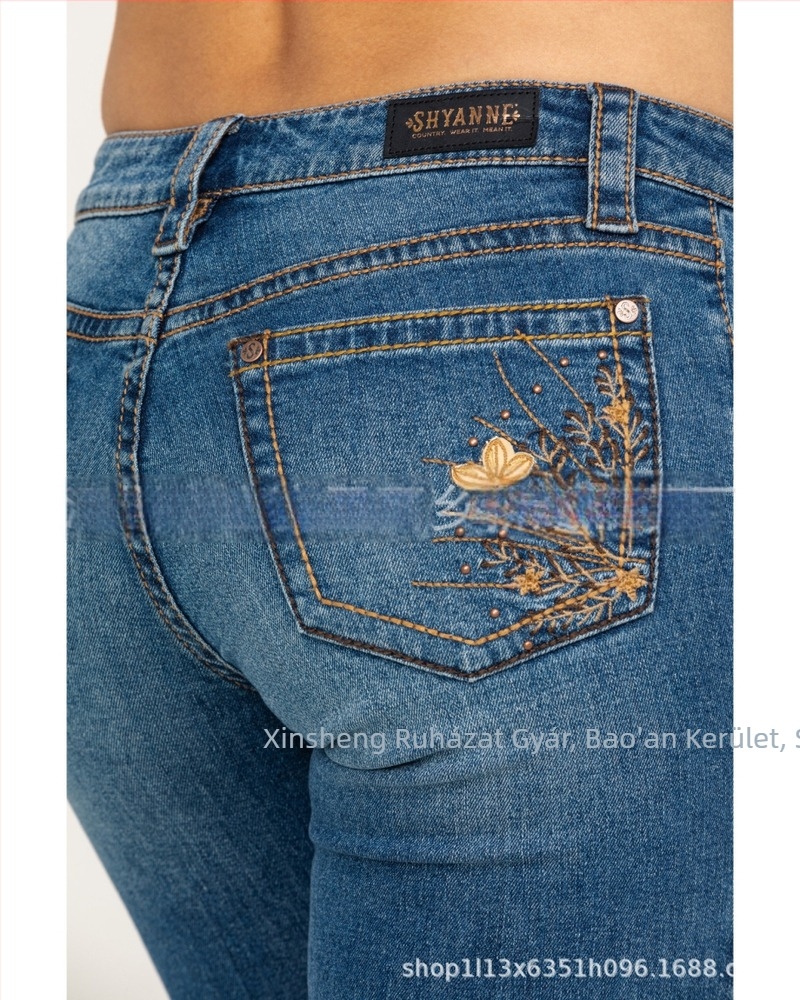 Női hímzett slim farmernadrág, középmagas derékkal, pamut denimmel, 80–90% pamut