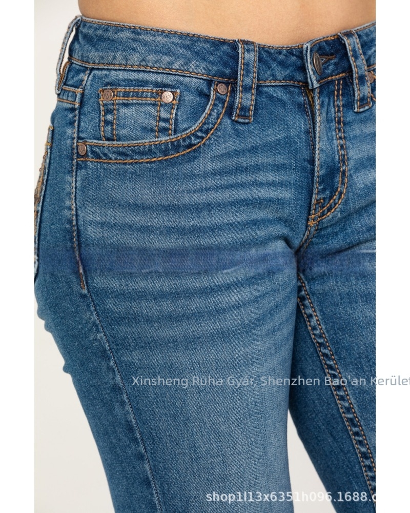 Női hímzett slim farmernadrág, középmagas derékkal, pamut denimmel, 80–90% pamut