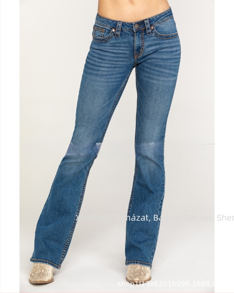 Női hímzett slim farmernadrág, középmagas derékkal, pamut denimmel, 80–90% pamut