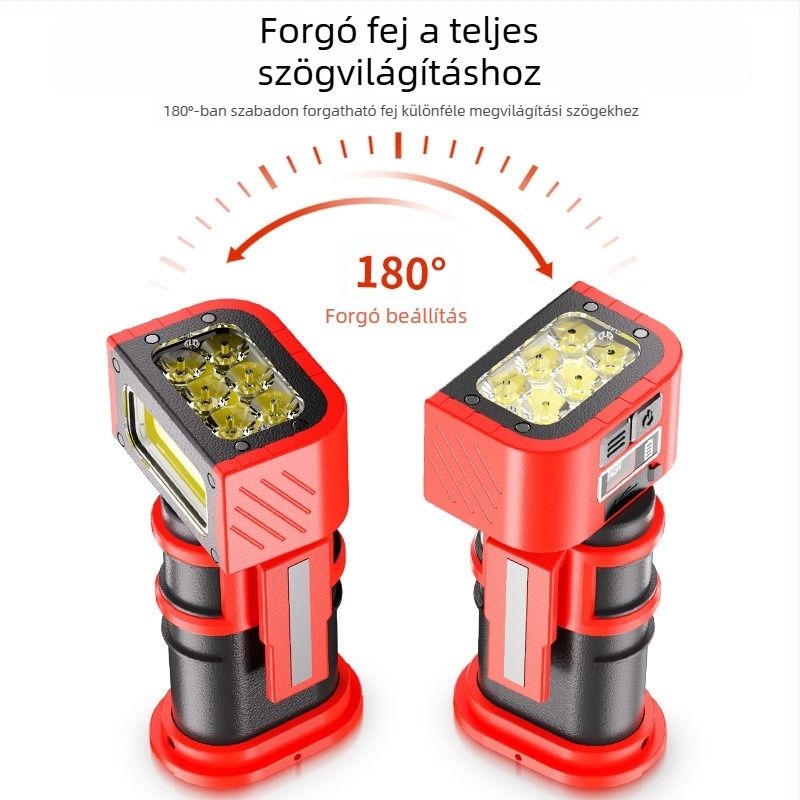 Mágneses autójavító munkalámpa Type-C töltéssel, digitális kijelzővel, forgó lámpatesttel, dupla mágneses akasztóval