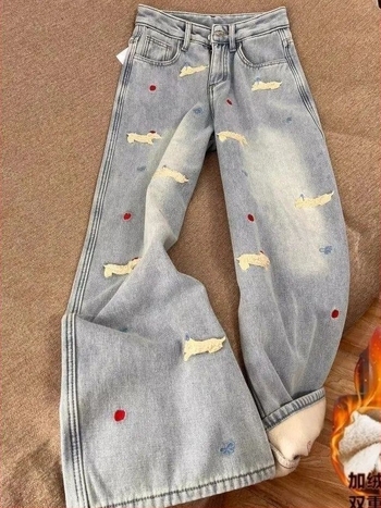 Han Niu Xintang női denim nadrág, magas derék, kék dachshund hímzéssel, plüss béléssel, karcsúsított fazon, egyenes szárú