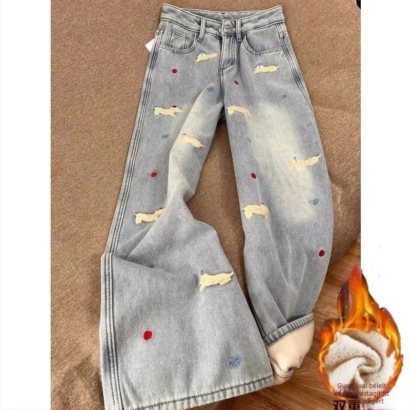 Han Niu Xintang női denim nadrág, magas derék, kék dachshund hímzéssel, plüss béléssel, karcsúsított fazon, egyenes szárú