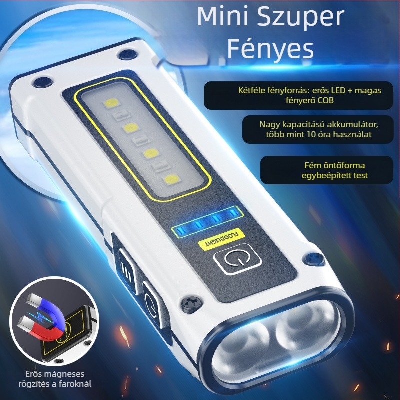 Mini hordozható LED zseblámpa mágneses munkalámpával — 5W, 1000mAh, 240–350 lm, vízálló