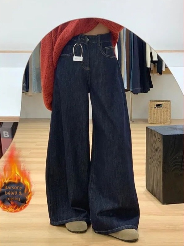 Denim széles lábú nadrág, magas derékkal, vast, mosott, 50–70% pamut, őszi 2025