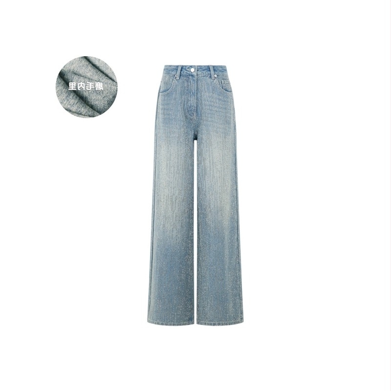Meiyang Galaxy Nadrág – ásványi szürke gyémánt-berakott denim, meleg anyag, magas derekú, egyenes szabás