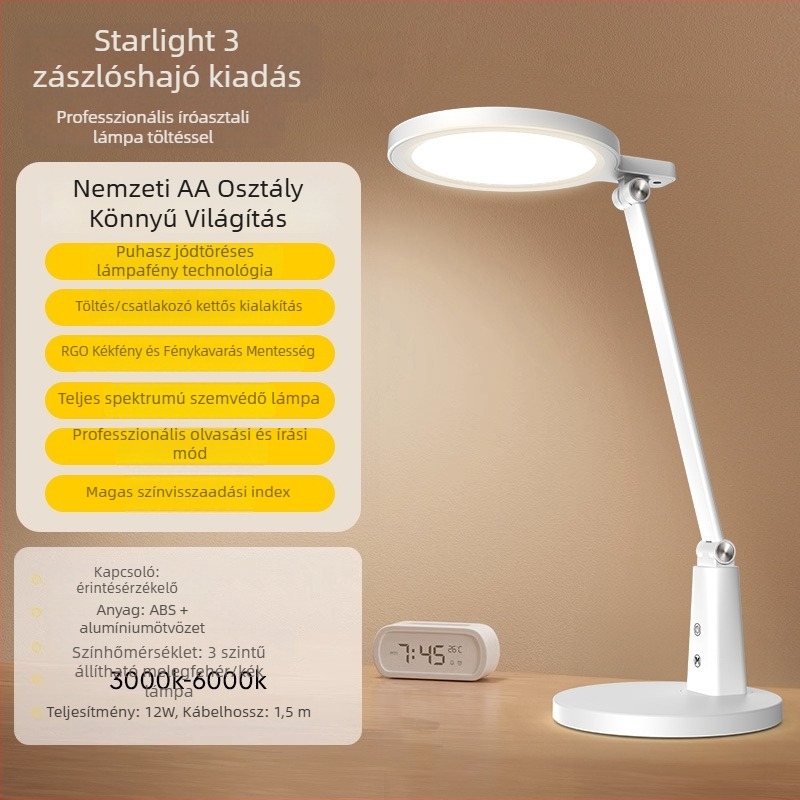 Diákok számára asztali lámpa, teljes spektrumú fény, CRI ≥95, kollégiumi mód, érintéses kapcsoló, USB táplálás 12W, éjjeli fény