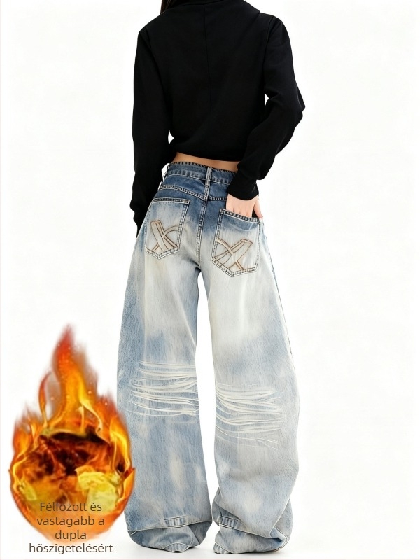 Női farmernadrág, széles lábú, magas derék, denimből, közepes vastagságú, utcai stílus (széles lábú; denim; magas derék; közepes vastagság; utcai stílus)