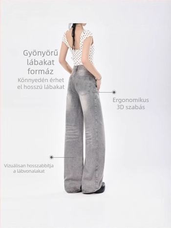 Női szürke farmer, amerikai retro stílusú, széles lábakkal, magas derék, laza egyenes szabás
