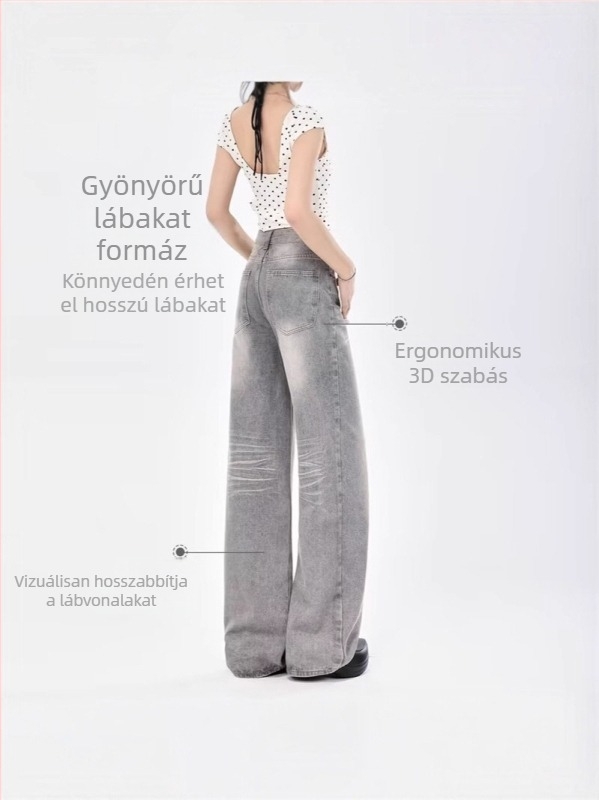 Női szürke farmer, amerikai retro stílusú, széles lábakkal, magas derék, laza egyenes szabás