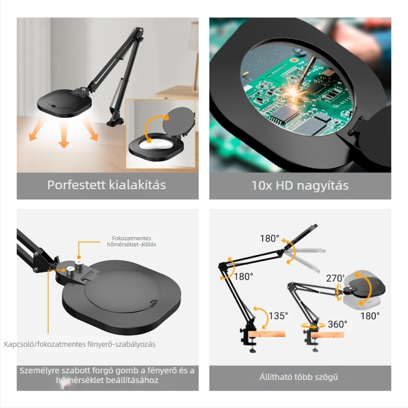 LED-es olvasó- és tanulólámpa, hosszú karú, amerikai stílusú asztali lámpa hegesztéshez, vizsgálathoz és javításhoz, összecsukható nagyítóval