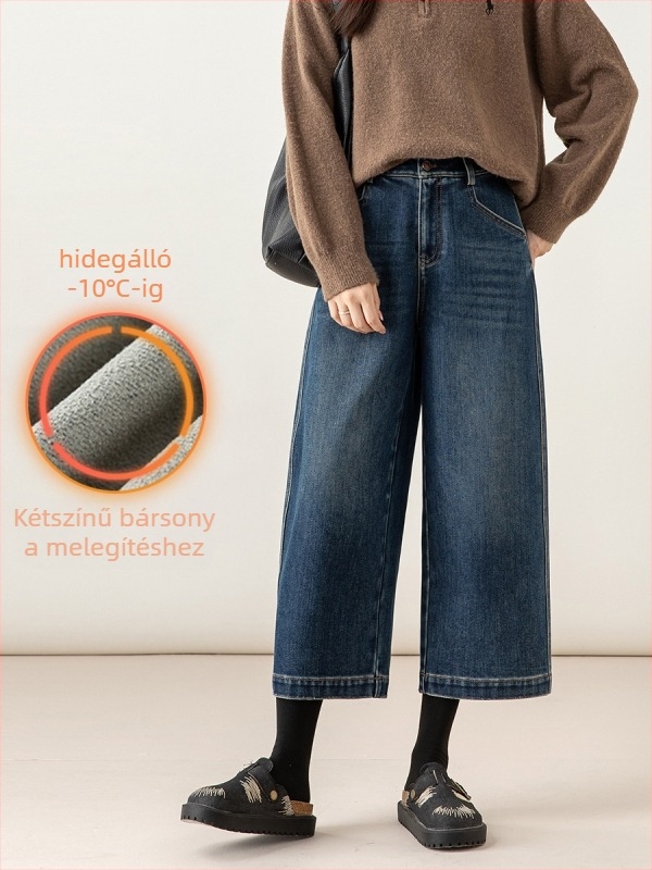 Női farmer nadrág fleece-béléssel, görbült szabás, magas derék, rövid szárú, laza szabás