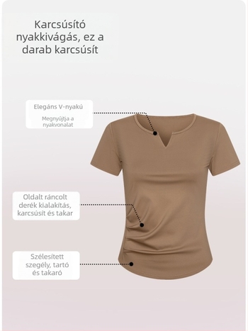 H879V női V-nyakú rövidujjú póló, karcsú szabás, poliészter-elastán keverék, tavasz–nyár