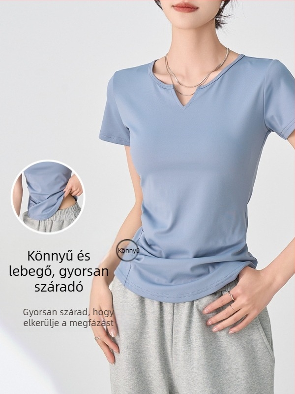 H879V női V-nyakú rövidujjú póló, karcsú szabás, poliészter-elastán keverék, tavasz–nyár