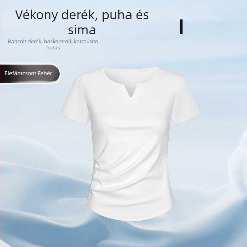H879V női V-nyakú rövidujjú póló, karcsú szabás, poliészter-elastán keverék, tavasz–nyár