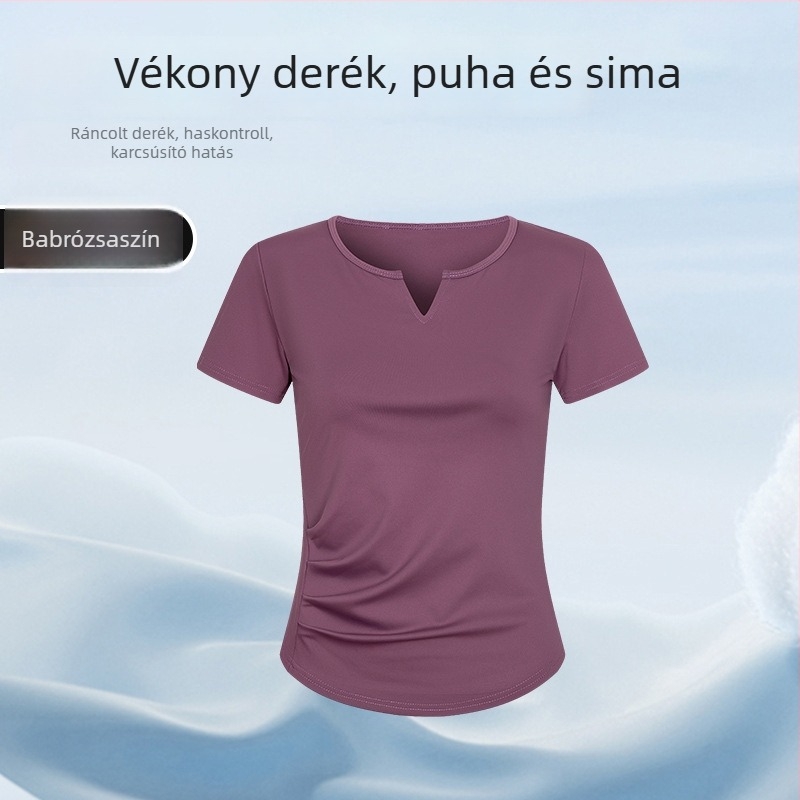 H879V női V-nyakú rövidujjú póló, karcsú szabás, poliészter-elastán keverék, tavasz–nyár