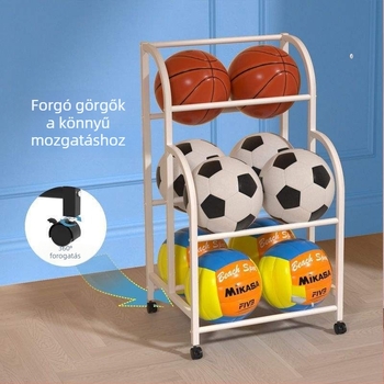 Belső használatú gyermekeknek szánt labdatároló polc – kosárlabda, futball és röplabda számára